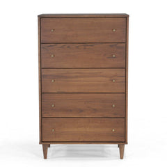 5-Drawer Chest, Solid Wood Frame with Tapered Legs, Brushed Walnut