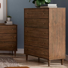 5-Drawer Chest, Solid Wood Frame with Tapered Legs, Brushed Walnut