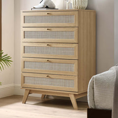 5-Drawer Chest with Rattan Weave Drawer Fronts, Natural