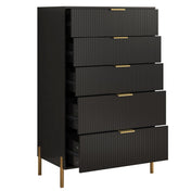 5-Drawer Dresser, Black Manufactured Wood, Fluted Drawer Fronts, Metal Legs