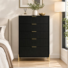 5-Drawer Dresser, Black Manufactured Wood, Fluted Drawer Fronts, Metal Legs