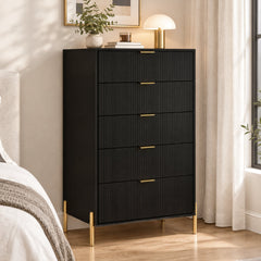 5-Drawer Dresser, Black Manufactured Wood, Fluted Drawer Fronts, Metal Legs