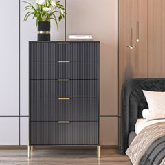 5-Drawer Dresser, Black Manufactured Wood, Fluted Drawer Fronts, Metal Legs
