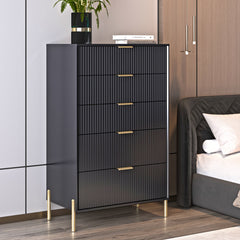 5-Drawer Dresser, Black Manufactured Wood, Fluted Drawer Fronts, Metal Legs