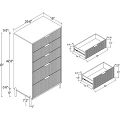 5-Drawer Dresser, Black Manufactured Wood, Fluted Drawer Fronts, Metal Legs