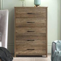 5 Drawer Dresser Chest, Manufactured Wood and Particle Board, Knotty Oak