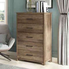 5 Drawer Dresser Chest, Manufactured Wood and Particle Board, Knotty Oak