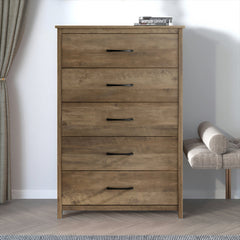 5 Drawer Dresser Chest, Manufactured Wood and Particle Board, Knotty Oak