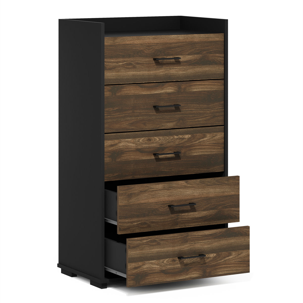 5-Drawer Dresser, Composite Wood, Walnut and Black, Metal Handles