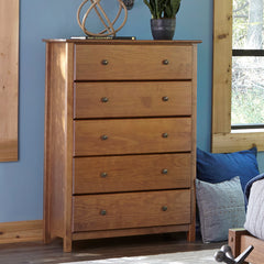 5-Drawer Dresser, Walnut Pine Wood with Metal Knobs