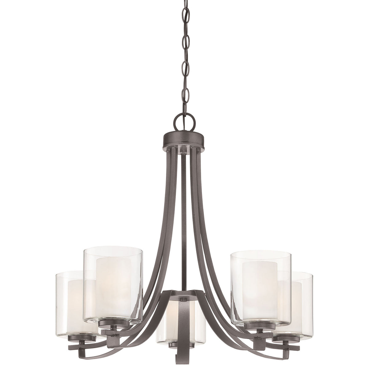 5-Light Chandelier in Smoked Iron Metal with Frosted Glass Shades