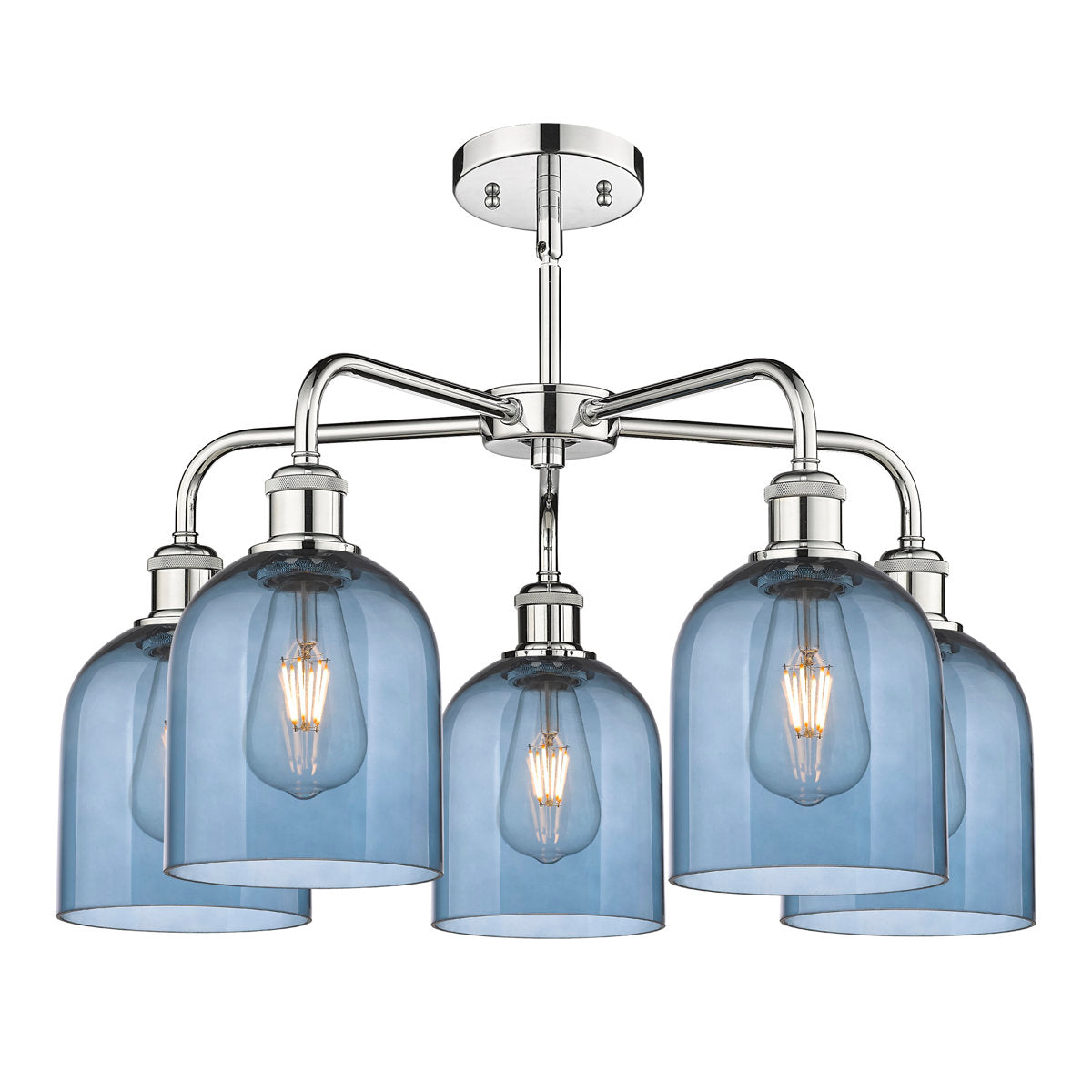 5-Light Chandelier with Blue Glass Bell Shades in Polished Chrome
