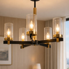 5-Light Chandelier with Seeded Glass in Matte Black and Antique Brass