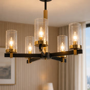 5-Light Chandelier with Seeded Glass in Matte Black and Antique Brass