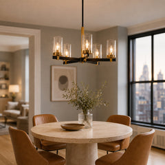 5-Light Chandelier with Seeded Glass in Matte Black and Antique Brass