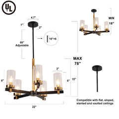 5-Light Chandelier with Seeded Glass in Matte Black and Antique Brass