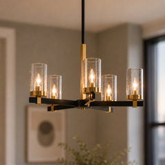 5-Light Chandelier with Seeded Glass in Matte Black and Antique Brass