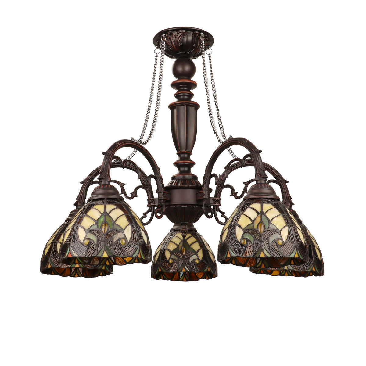 5-Light Chandelier with Yellow Stained Glass Shades in Antique Dark Bronze
