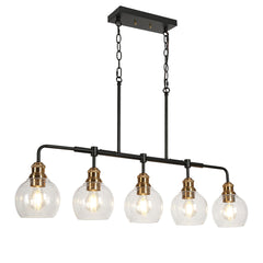 5-Light Linear Pendant Light with Seeded Glass Shades in Matte Black and Brass
