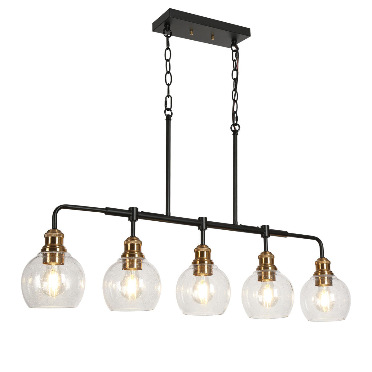 5-Light Linear Pendant Light with Seeded Glass Shades in Matte Black and Brass