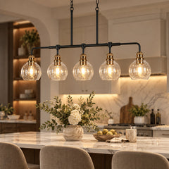 5-Light Linear Pendant Light with Seeded Glass Shades in Matte Black and Brass