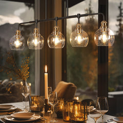 5-Light Linear Pendant Light with Seeded Glass Shades in Matte Black and Brass
