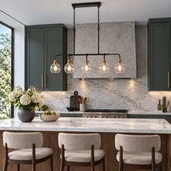 5-Light Linear Pendant Light with Seeded Glass Shades in Matte Black and Brass