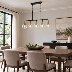 5-Light Linear Pendant Light with Seeded Glass Shades in Matte Black and Brass