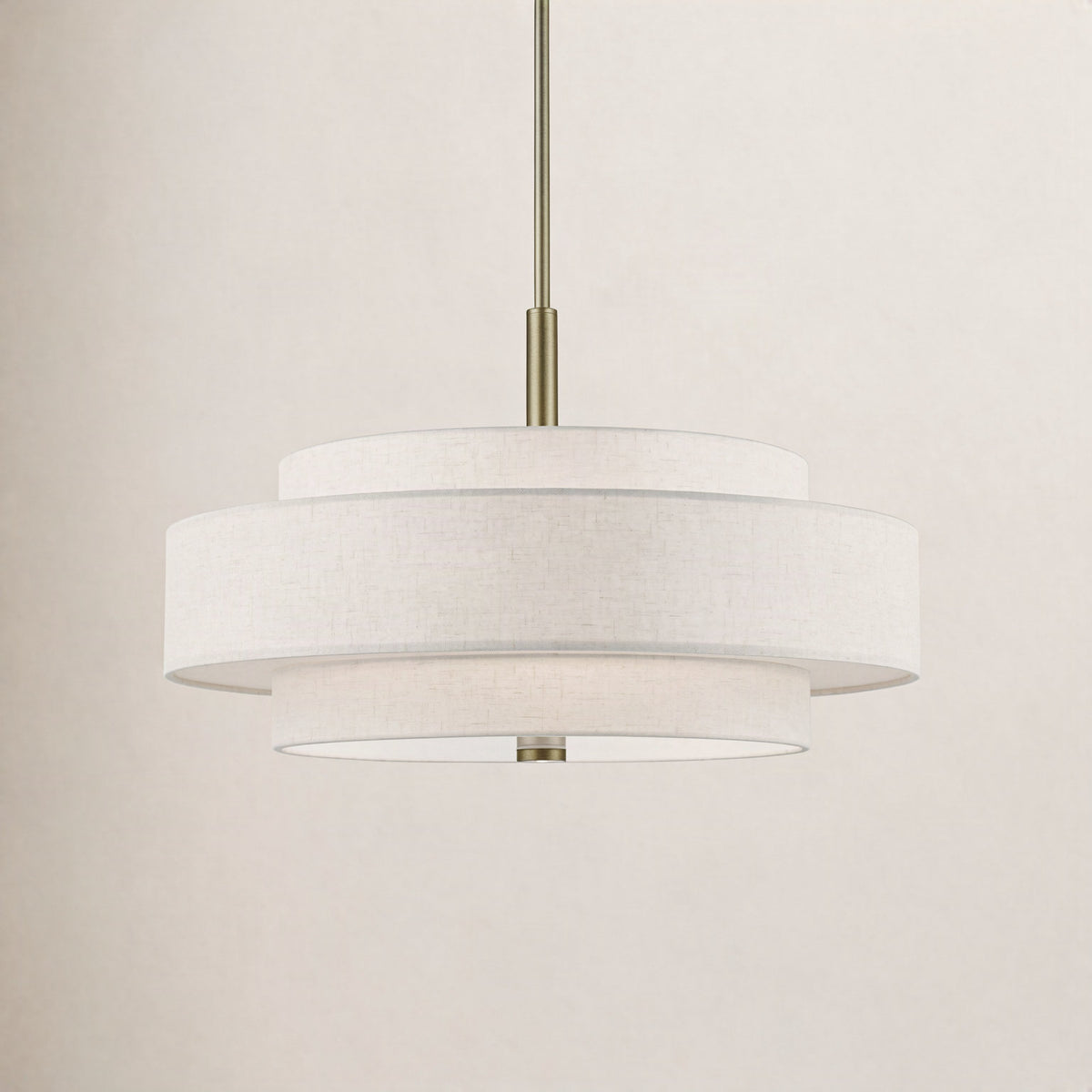 5-Light Pendant Light with Oatmeal Linen-Blend Drum Shade and Antique Brass Finish