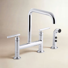 Kohler Purist Two Handle Deck-Mounted Bridge Kitchen Sink Faucet with Pull Out Side Sprayer in Polished Chrome | product photo