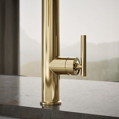 Kohler Purist Single Handle Semi-Professional Pre-Rinse Kitchen Faucet with Pull Down Sprayer | detail photo
