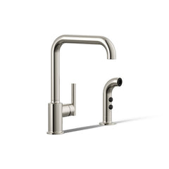 Kohler Purist Two-Hole Kitchen Sink Faucet with 8" Spout and Matching Finish Sidespray in Vibrant Polished Nickel | product photo
