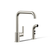 Purist Two-Hole Kitchen Sink Faucet with 8" Spout and Matching Finish Sidespray in Vibrant Polished Nickel