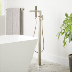 Sefina Freestanding Tub Faucet with Hand Shower and Rough-In Valve with Stops, Brushed Nickel | product photo
