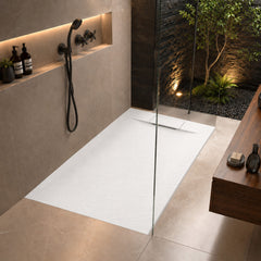 59 in. x 35 in. Curbless Shower Base in White with Reversible Drain