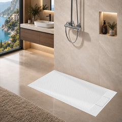 59 in. x 35 in. Curbless Shower Base in White with Reversible Drain