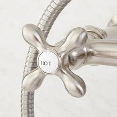 Telephone Style Wall Mounted Tub Faucet with Cross Handles in Brushed Nickel | detail photo