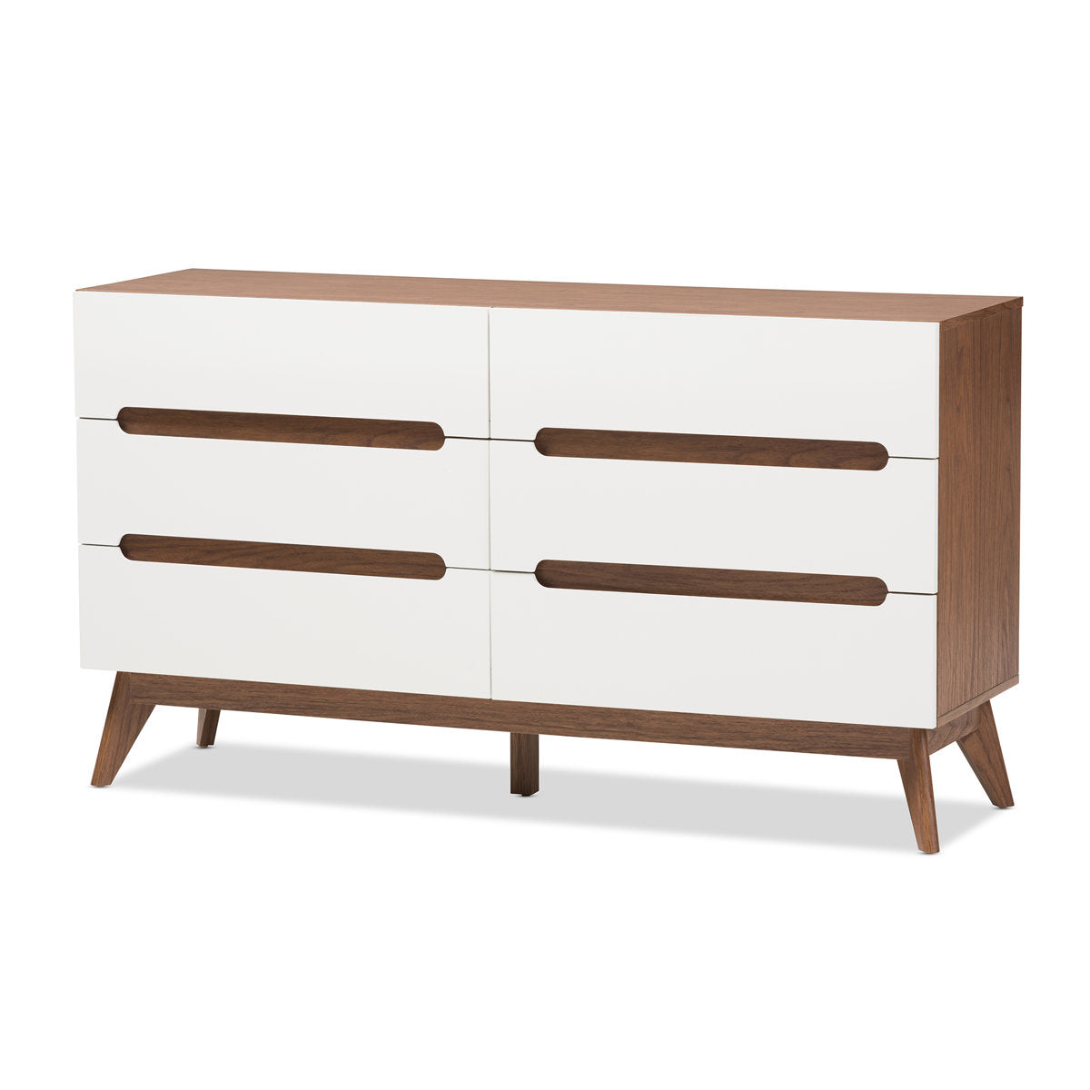 6-Drawer Chest, White Engineered Wood with Walnut Panels, Splayed Legs