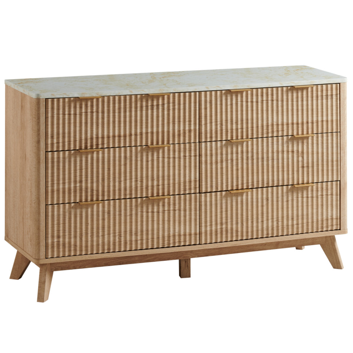 6-Drawer Double Dresser, Engineered Wood, Fluted Panels, Faux Marble Top