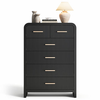6-Drawer Dresser in Fluted Black Manufactured Wood with Metal Handles