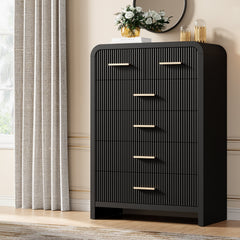 6-Drawer Dresser in Fluted Black Manufactured Wood with Metal Handles