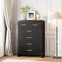 6-Drawer Dresser in Fluted Black Manufactured Wood with Metal Handles