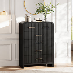 6-Drawer Dresser in Fluted Black Manufactured Wood with Metal Handles