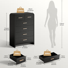 6-Drawer Dresser in Fluted Black Manufactured Wood with Metal Handles