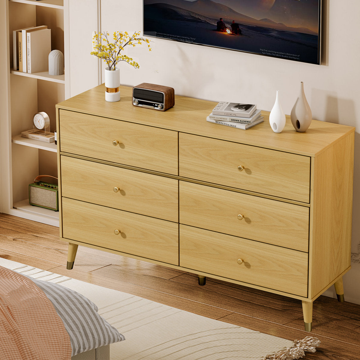 6-Drawer Dresser, Manufactured Wood, 47.24 in. Wide, Beige