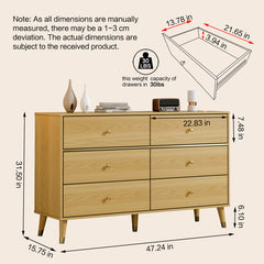 6-Drawer Dresser, Manufactured Wood, 47.24 in. Wide, Beige