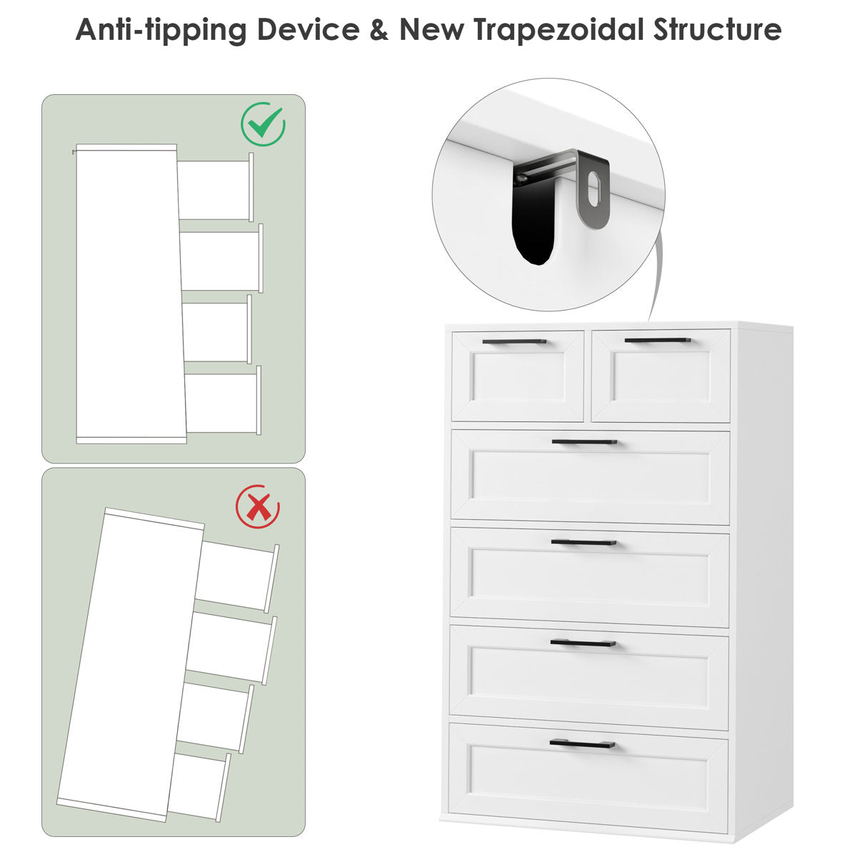6-Drawer Dresser, White Engineered Wood, Black Iron Handles