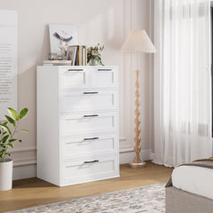6-Drawer Dresser, White Engineered Wood, Black Iron Handles