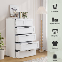 6-Drawer Dresser, White Engineered Wood, Black Iron Handles