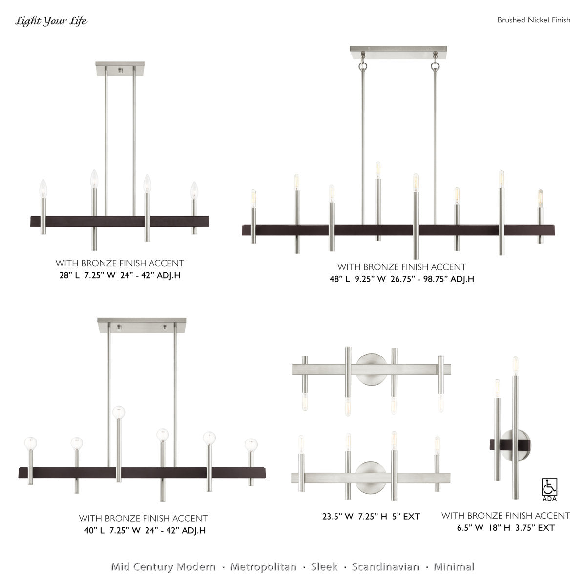6-Light Chandelier, 40 in Wide, Steel in Brushed Nickel and Bronze
